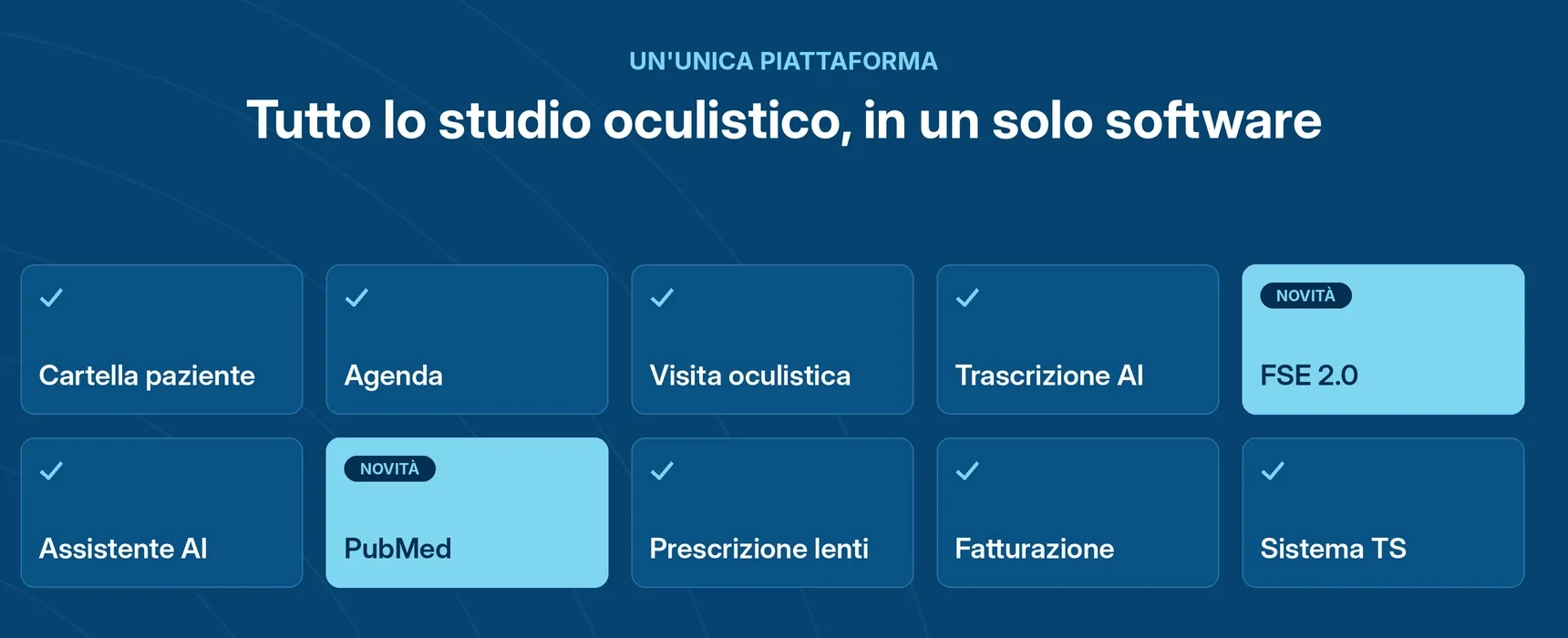 OcuSuite, tutto lo studio oculistico in un solo software: cartella paziente, agenda, visita oculistica, trascrizione AI, FSE 2.0, assistente AI, PubMed, prescrizione lenti, fatturazione, Sistema TS